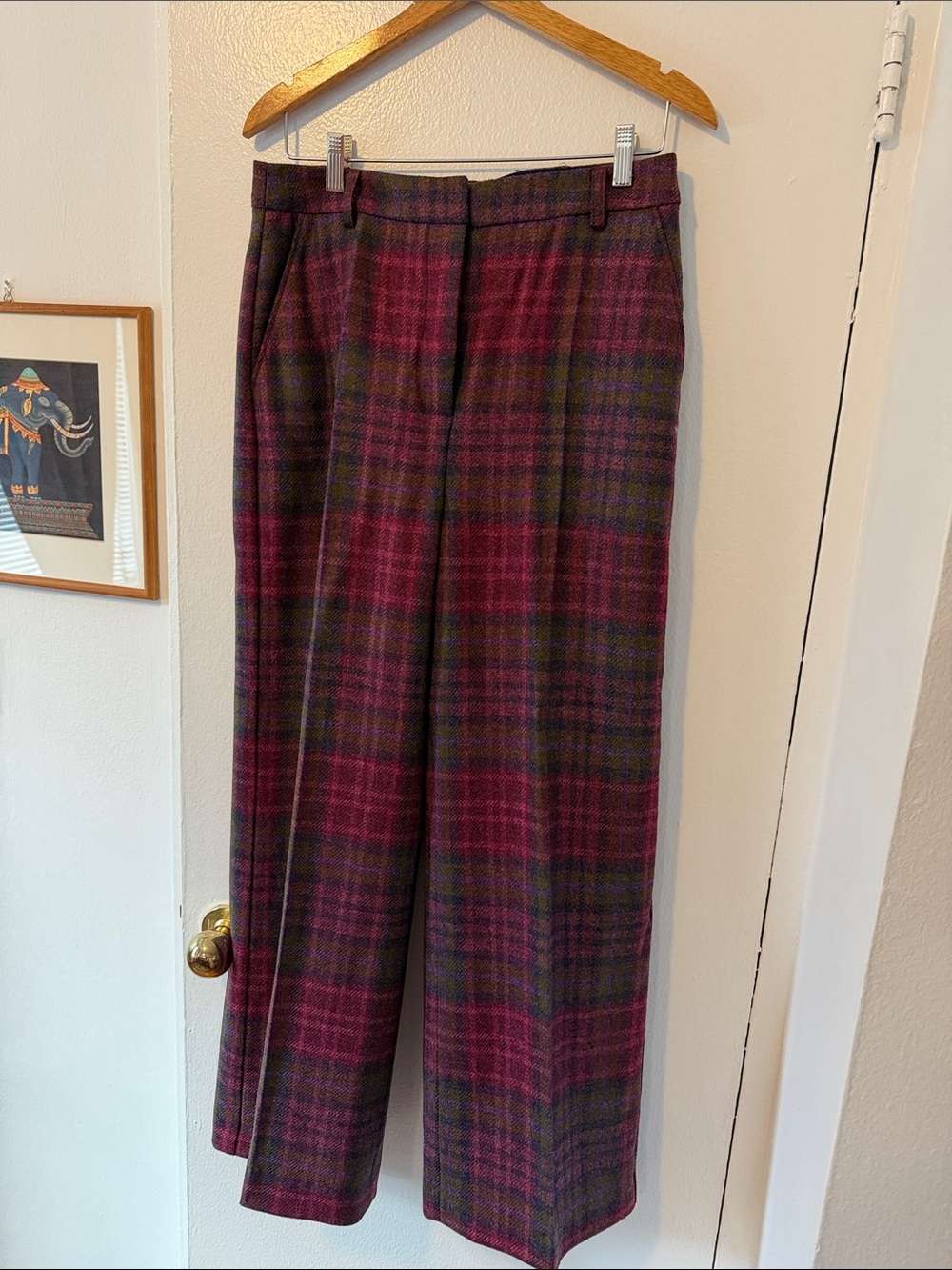 Sezane Plaid Wide-Leg Trousers in Berry and Olive Plaid